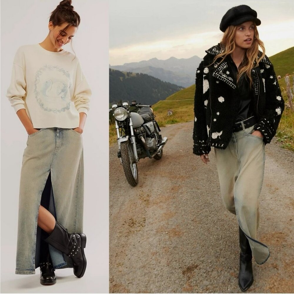 Free People Come As You Are Denim Maxi Skirt Neptune